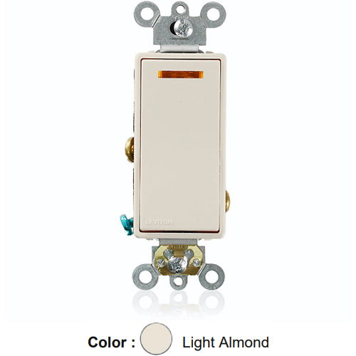 Leviton 5631-2T, Decora Plus Single Pole AC Quiet Rocker Switch, Lighted Handle - Illuminated OFF, Commercial Grade, 20 Amp, 120 Volt, Self-Grounding, Back and Side Wired, Light Almond