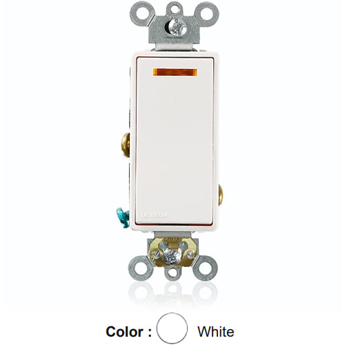 Leviton 5631-2W, Decora Plus Single Pole AC Quiet Rocker Switch, Lighted Handle - Illuminated OFF, Commercial Grade, 20 Amp, 120 Volt, Self-Grounding, Back and Side Wired, White