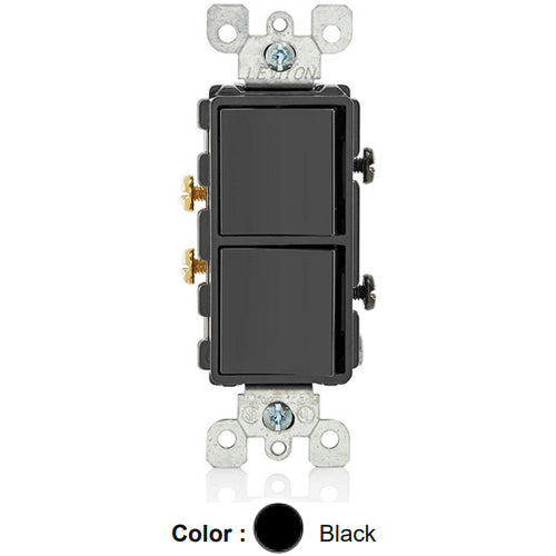 Leviton 5634-E, Decora Single-Pole/Single-Pole AC Combination Switch, Residential Grade, 15 Amp, 120/277 Volt, Grounding, Side Wired, Black