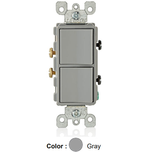 Leviton 5634-GY, Decora Single-Pole/Single-Pole AC Combination Switch, Residential Grade, 15 Amp, 120/277 Volt, Grounding, Side Wired, Gray