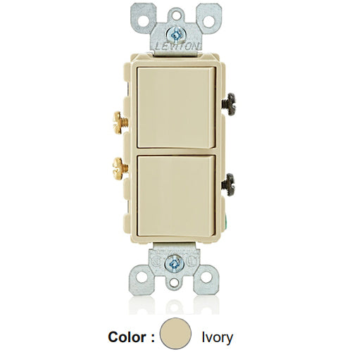 Leviton 5634-I, Decora Single-Pole/Single-Pole AC Combination Switch, Residential Grade, 15 Amp, 120/277 Volt, Grounding, Side Wired, Ivory