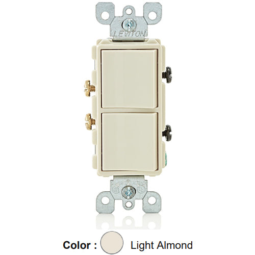 Leviton 5634-T, Decora Single-Pole/Single-Pole AC Combination Switch, Residential Grade, 15 Amp, 120/277 Volt, Grounding, Side Wired, Light Almond