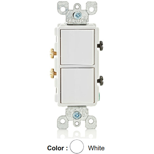 Leviton 5634-W, Decora Single-Pole/Single-Pole AC Combination Switch, Residential Grade, 15 Amp, 120/277 Volt, Grounding, Side Wired, White