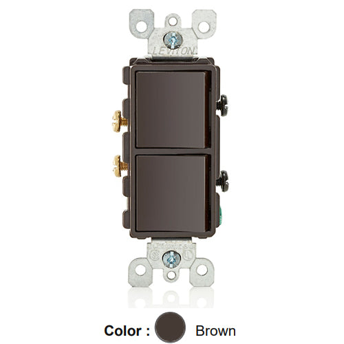 Leviton 5634, Decora Single-Pole/Single-Pole AC Combination Switch, Residential Grade, 15 Amp, 120/277 Volt, Grounding, Side Wired, Brown
