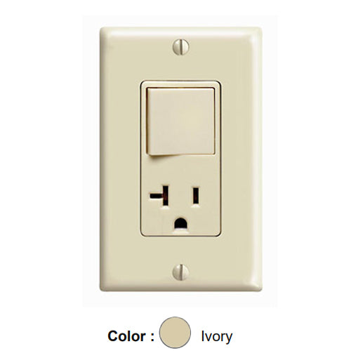 Leviton 5636-I, Decora Single-Pole/5-20R AC Combination Switch, Residential Grade, 20 Amp, 120 Volt, Grounding, Side Wired, Ivory