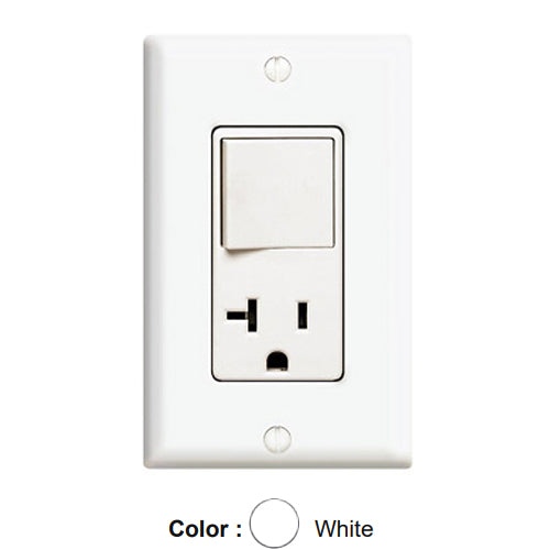 Leviton 5636-W, Decora Single-Pole/5-20R AC Combination Switch, Residential Grade, 20 Amp, 120 Volt, Grounding, Side Wired, White