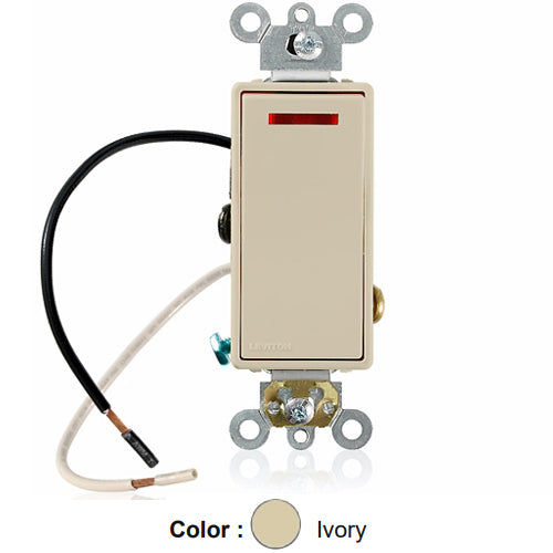 Leviton 5638-2I, Decora Plus 3-Way AC Quiet Rocker Switch, Pilot Light - Illuminated ON, Commercial Grade, 20 Amp, 120 Volt, Requires a Neutral Wire, Self-Grounding, Back and Side Wired, Two 6'' #18AWG AWM TEW Leads (1 Black & 1 White), Ivory
