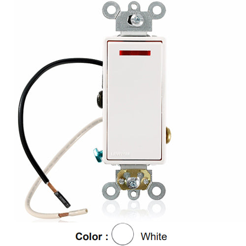 Leviton 5638-2W, Decora Plus 3-Way AC Quiet Rocker Switch, Pilot Light - Illuminated ON, Commercial Grade, 20 Amp, 120 Volt, Requires a Neutral Wire, Self-Grounding, Back and Side Wired, Two 6'' #18AWG AWM TEW Leads (1 Black & 1 White), White