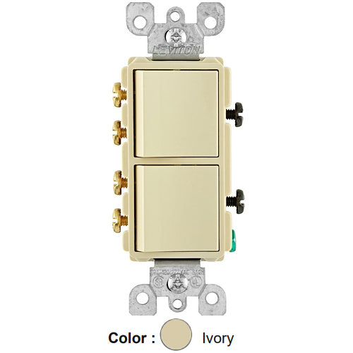 Leviton 5640-I, Decora 3-Way/3-Way AC Combination Switch, Residential Grade, 20 Amp, 120/277 Volt, Grounding, Side Wired, Ivory
