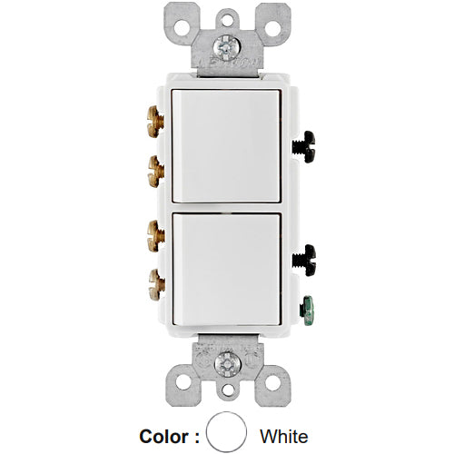 Leviton 5640-W, Decora 3-Way/3-Way AC Combination Switch, Residential Grade, 20 Amp, 120/277 Volt, Grounding, Side Wired, White