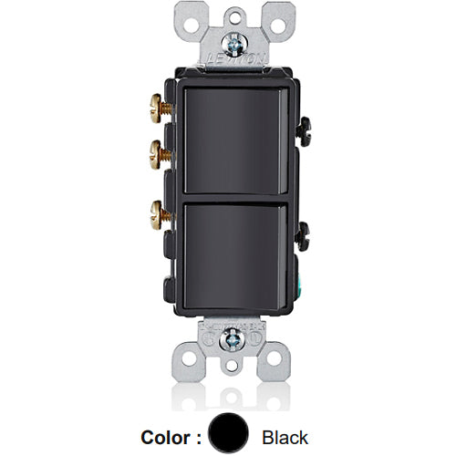 Leviton 5641-E, Decora Single-Pole/3-Way AC Combination Switch, Residential Grade, 15 Amp, 120/277 Volt, Grounding, Side Wired, Black