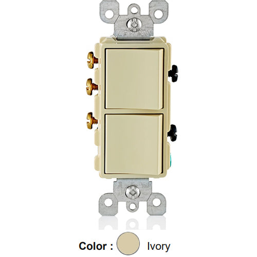 Leviton 5641-I, Decora Single-Pole/3-Way AC Combination Switch, Residential Grade, 15 Amp, 120/277 Volt, Grounding, Side Wired, Ivory