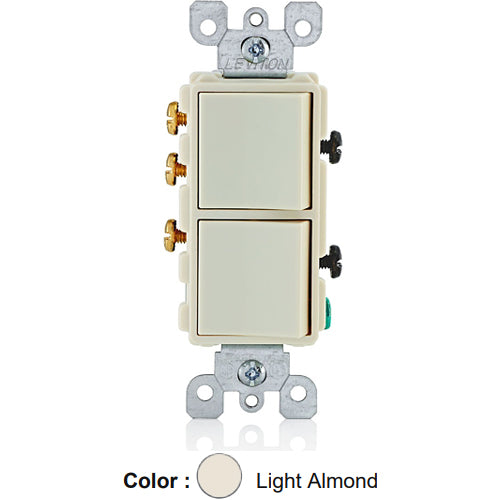 Leviton 5641-T, Decora Single-Pole/3-Way AC Combination Switch, Residential Grade, 15 Amp, 120/277 Volt, Grounding, Side Wired, Light Almond