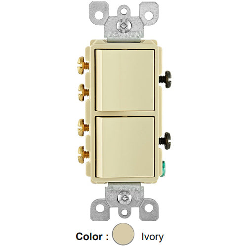 Leviton 5643-I, Decora 3-Way/3-Way AC Combination Switch, Residential Grade, 15 Amp, 120/277 Volt, Grounding, Side Wired, Ivory