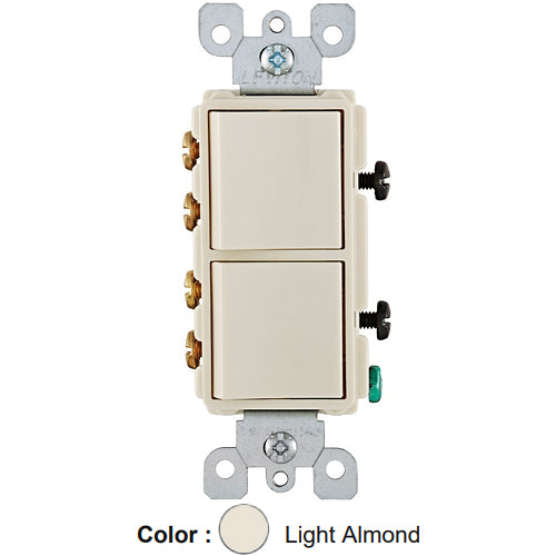 Leviton 5643-T, Decora 3-Way/3-Way AC Combination Switch, Residential Grade, 15 Amp, 120/277 Volt, Grounding, Side Wired, Light Almond