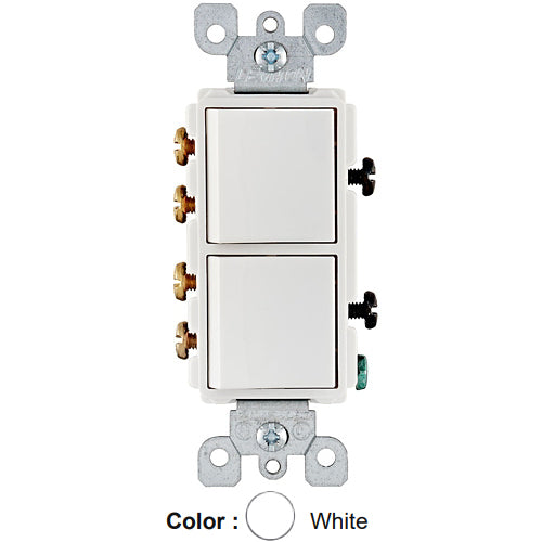 Leviton 5643-W, Decora 3-Way/3-Way AC Combination Switch, Residential Grade, 15 Amp, 120/277 Volt, Grounding, Side Wired, White