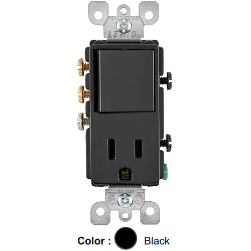 Leviton 5645-E, Decora 3-Way/5-15R AC Combination Switch, Residential Grade, 15 Amp, 120 Volt, Grounding, Side Wired, Black