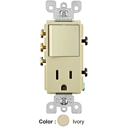 Leviton 5645-I, Decora 3-Way/5-15R AC Combination Switch, Residential Grade, 15 Amp, 120 Volt, Grounding, Side Wired, Ivory