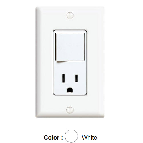 Leviton 5645-W, Decora 3-Way/5-15R AC Combination Switch, Residential Grade, 15 Amp, 120 Volt, Grounding, Side Wired, White