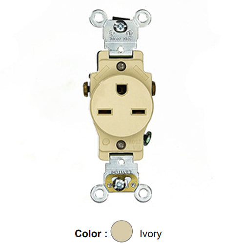Leviton 5651-I, Standard Straight Blade Single Receptacle, Heavy-Duty Industrial Specification Grade, Smooth Face, 15A 250V, NEMA 6-15R, 2-Pole, 3-Wire, Side Wire Only, Ivory