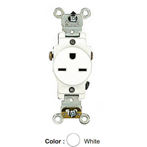 Leviton 5651-W, Standard Straight Blade Single Receptacle, Heavy-Duty Industrial Specification Grade, Smooth Face, 15A 250V, NEMA 6-15R, 2-Pole, 3-Wire, Side Wire Only, White