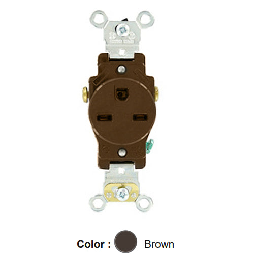 Leviton 5651, Standard Straight Blade Single Receptacle, Heavy-Duty Industrial Specification Grade, Smooth Face, 15A 250V, NEMA 6-15R, 2-Pole, 3-Wire, Side Wire Only, Brown