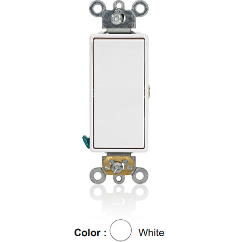 Leviton 5655-2W, Decora Plus Single Pole Single Throw Rocker Switch, Momentary Contact, Commercial Grade, 15 Amp, 120/277 Volt, Self-Grounding, Back and Side Wired, White