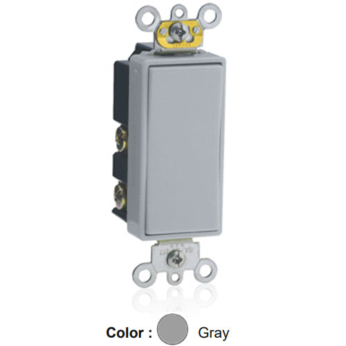 Leviton 5657-2GY, Decora Plus Single Pole Double-Throw Rocker Switch, Momentary Contact, Center Off, Commercial Grade, 15 Amp, 120/277 Volt, Self-Grounding, Back and Side Wired, Gray