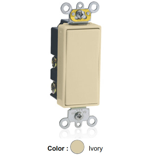 Leviton 5657-2I, Decora Plus Single Pole Double-Throw Rocker Switch, Momentary Contact, Center Off, Commercial Grade, 15 Amp, 120/277 Volt, Self-Grounding, Back and Side Wired, Ivory