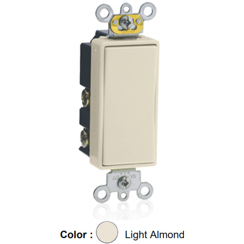 Leviton 5657-2T, Decora Plus Single Pole Double-Throw Rocker Switch, Momentary Contact, Center Off, Commercial Grade, 15 Amp, 120/277 Volt, Self-Grounding, Back and Side Wired, Light Almond