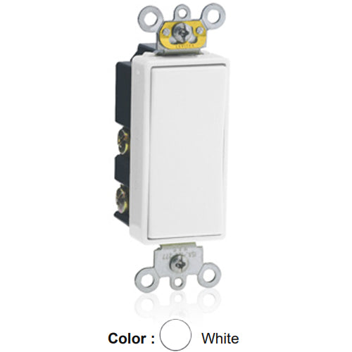 Leviton 5657-2W, Decora Plus Single Pole Double-Throw Rocker Switch, Momentary Contact, Center Off, Commercial Grade, 15 Amp, 120/277 Volt, Self-Grounding, Back and Side Wired, White