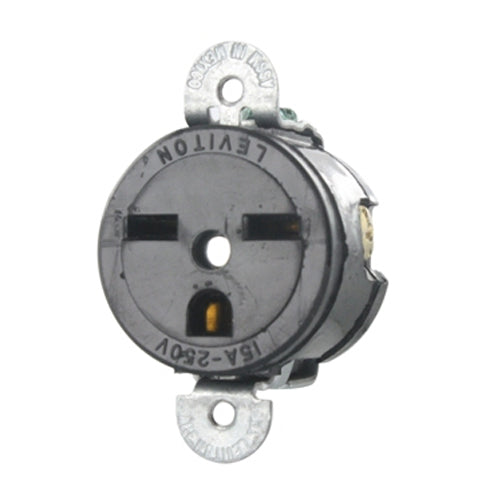 Leviton 5658-SS, Straight Blade Short Strap Single Receptacle, Commercial Specification Grade, Smooth Face, 15A 250V, NEMA 6-15R, 2-Pole, 3-Wire, Side Wire Only, Black
