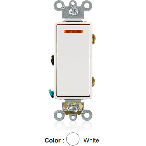 Leviton 5659-2W, Decora Plus 3-Way AC Quiet Rocker Switch, Lighted Handle - Illuminated OFF, Commercial Grade, 20 Amp, 277 Volt, Self-Grounding, Back and Side Wired, White