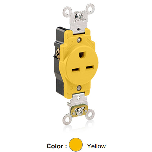 Leviton 5661-CR, Standard Straight Blade Single Receptacle, Heavy-Duty Industrial Specification Grade, Corrosion-Resistant, Smooth Face, 15A 250V, NEMA 6-15R, 2-Pole, 3-Wire, Back and Side Wire, Yellow