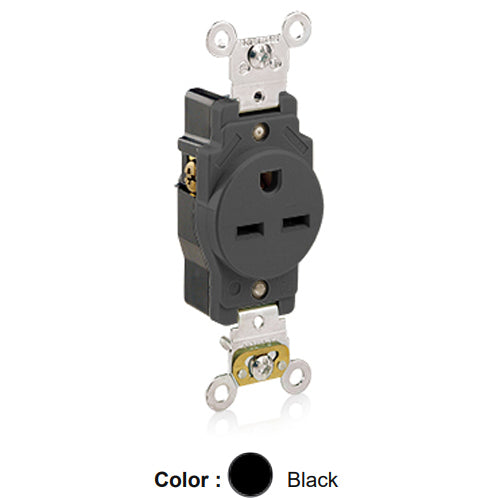 Leviton 5661-E, Standard Straight Blade Single Receptacle, Heavy-Duty Industrial Specification Grade, Smooth Face, 15A 250V, NEMA 6-15R, 2-Pole, 3-Wire, Back and Side Wire, Black