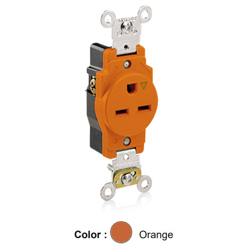 Leviton 5661-IG, Standard Straight Blade Single Receptacle, Heavy-Duty Industrial Specification Grade, Isolated Ground, 15A 250V, NEMA 6-15R, 2-Pole, 3-Wire, Pre-Wired Ground Lead, Back and Side Wire, Orange