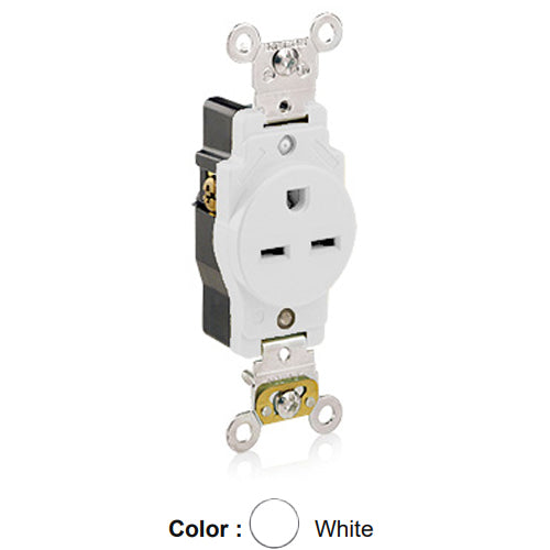 Leviton 5661-W, Standard Straight Blade Single Receptacle, Heavy-Duty Industrial Specification Grade, Smooth Face, 15A 250V, NEMA 6-15R, 2-Pole, 3-Wire, Back and Side Wire, White