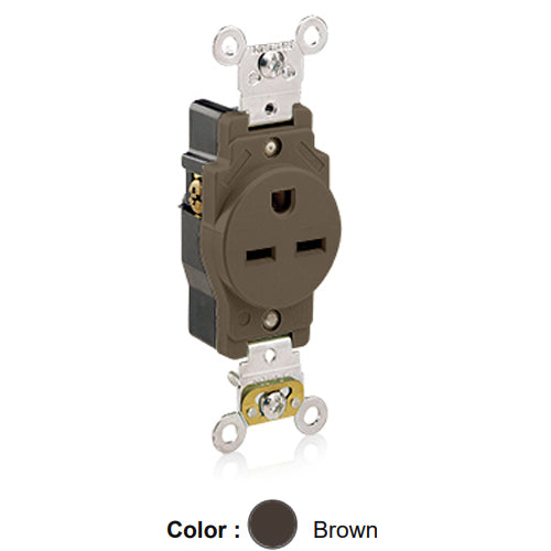 Leviton 5661, Standard Straight Blade Single Receptacle, Heavy-Duty Industrial Specification Grade, Smooth Face, 15A 250V, NEMA 6-15R, 2-Pole, 3-Wire, Back and Side Wire, Brown
