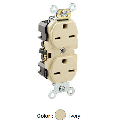 Leviton 5662-I, Standard Straight Blade Duplex Receptacle, Heavy-Duty Industrial Specification Grade, Smooth Face, 15A 250V, NEMA 6-15R, 2-Pole, 3-Wire, Back and Side Wire, Ivory