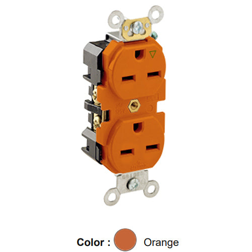 Leviton 5662-IG, Standard Straight Blade Duplex Receptacle, Heavy-Duty Industrial Specification Grade, Isolated Ground, Smooth Face, 15A 250V, NEMA 6-15R, 2-Pole, 3-Wire, Back and Side Wire, Orange