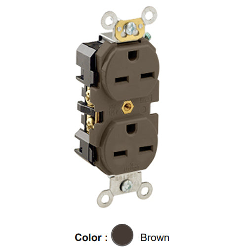 Leviton 5662, Standard Straight Blade Duplex Receptacle, Heavy-Duty Industrial Specification Grade, Smooth Face, 15A 250V, NEMA 6-15R, 2-Pole, 3-Wire, Back and Side Wire, Brown