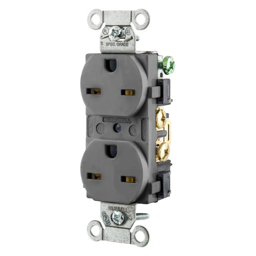 Hubbell-PRO 5662GY, Heavy Duty Duplex Receptacles, Smooth Nylon Face, Back and Side Wired, 15A 250V, 6-15R, 2-Pole 3-Wire Grounding, Gray