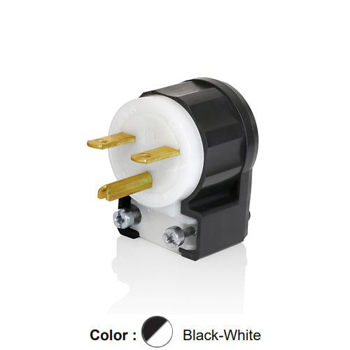 Leviton 5666-CA, Straight Blade Angled Plug, Industrial Grade, 15A 250V, NEMA 6-15P, 2-Pole, 3-Wire, Grounding, Black/White