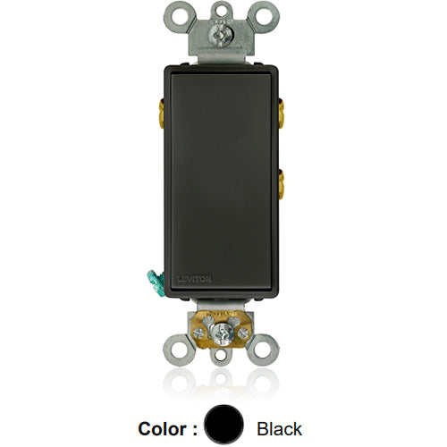 Leviton 5685-2E, Decora Plus Single Pole Double Throw Rocker Switch, Maintained Contact, Center Off, Commercial Grade, 15 Amp, 120/277 Volt, Self-Grounding, Back and Side Wired, Black