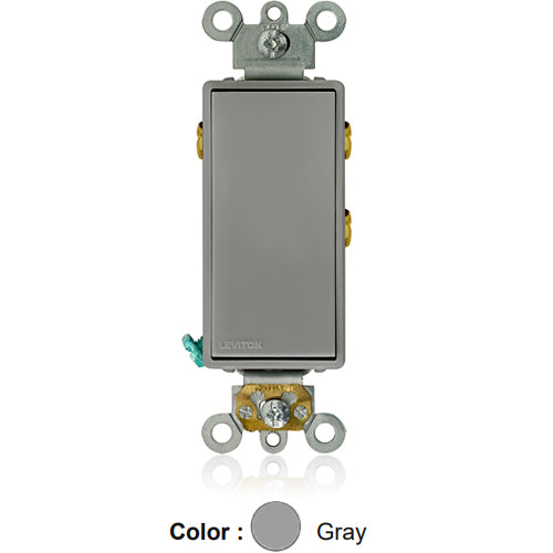 Leviton 5685-2GY, Decora Plus Single Pole Double Throw Rocker Switch, Maintained Contact, Center Off, Commercial Grade, 15 Amp, 120/277 Volt, Self-Grounding, Back and Side Wired, Gray