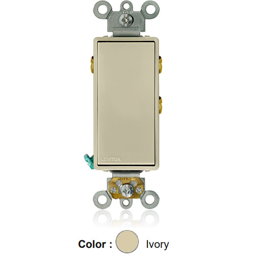 Leviton 5685-2I, Decora Plus Single Pole Double Throw Rocker Switch, Maintained Contact, Center Off, Commercial Grade, 15 Amp, 120/277 Volt, Self-Grounding, Back and Side Wired, Ivory