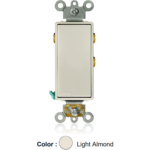 Leviton 5685-2T, Decora Plus Single Pole Double Throw Rocker Switch, Maintained Contact, Center Off, Commercial Grade, 15 Amp, 120/277 Volt, Self-Grounding, Back and Side Wired, Light Almond