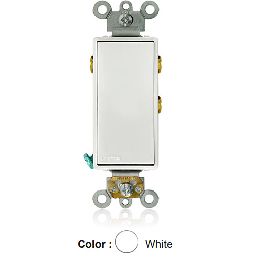 Leviton 5685-2W, Decora Plus Single Pole Double Throw Rocker Switch, Maintained Contact, Center Off, Commercial Grade, 15 Amp, 120/277 Volt, Self-Grounding, Back and Side Wired, White