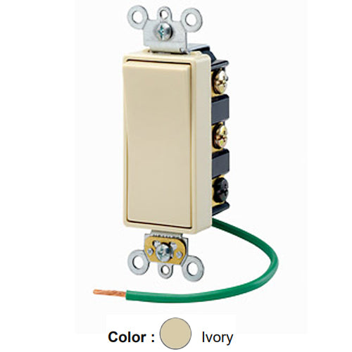 Leviton 5686-2I, Decora Plus Double Pole Double Throw Rocker Switch, Maintained Contact, Center Off, Commercial Grade, 15 Amp, 120/277 Volt, Green Grounding Lead, Self-Grounding, Back and Side Wired, Ivory