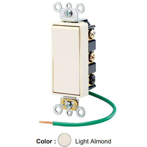 Leviton 5686-2T, Decora Plus Double Pole Double Throw Rocker Switch, Maintained Contact, Center Off, Commercial Grade, 15 Amp, 120/277 Volt, Green Grounding Lead, Self-Grounding, Back and Side Wired, Light Almond
